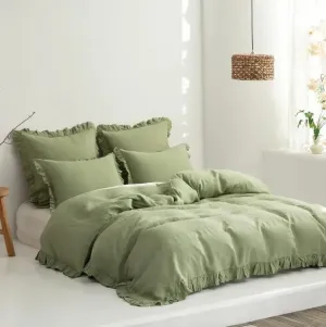 100% Washed Linen Duvet Cover Set - Sage Green