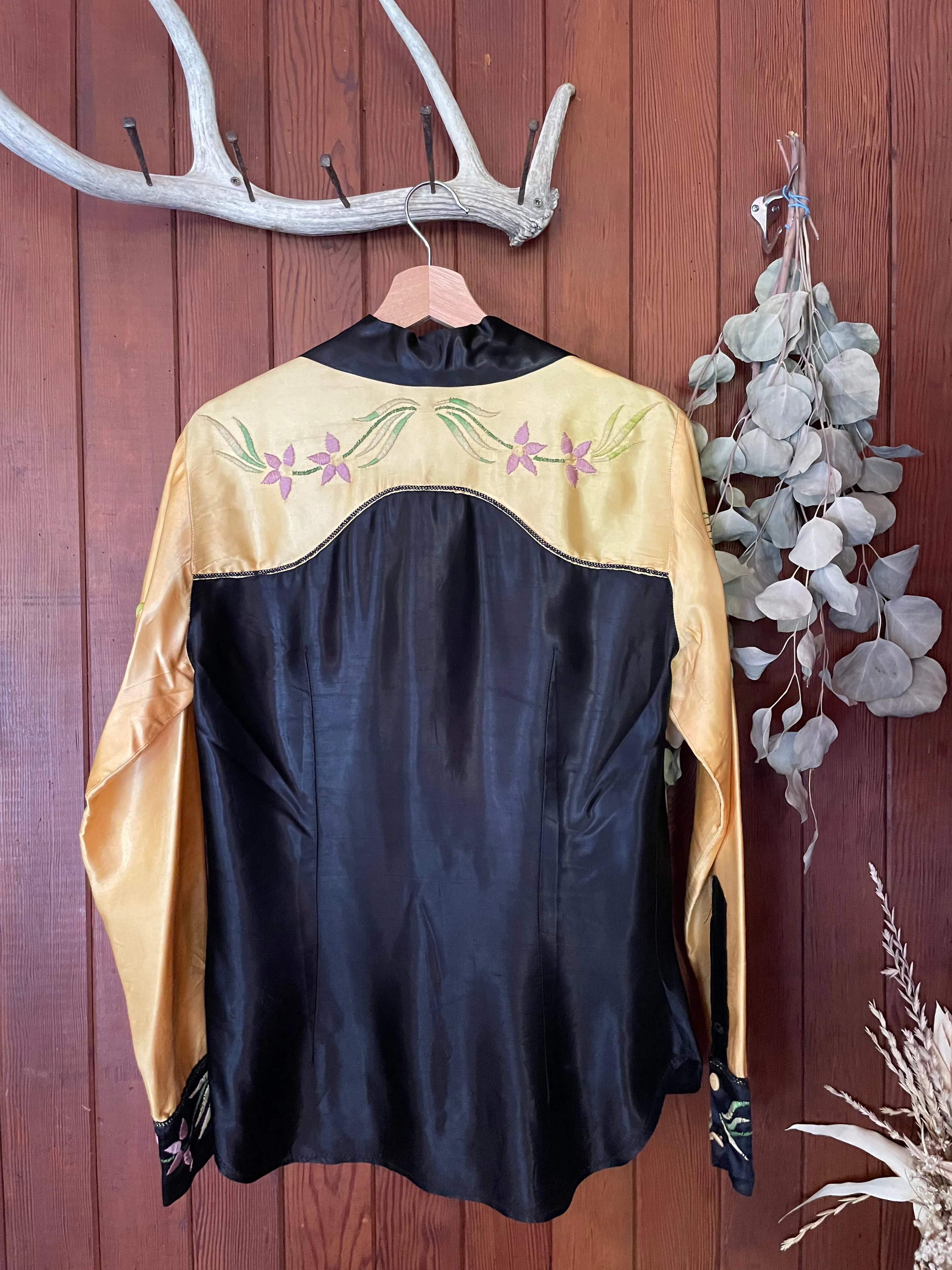 1940s Marigold Embroidered Satin Western Shirt