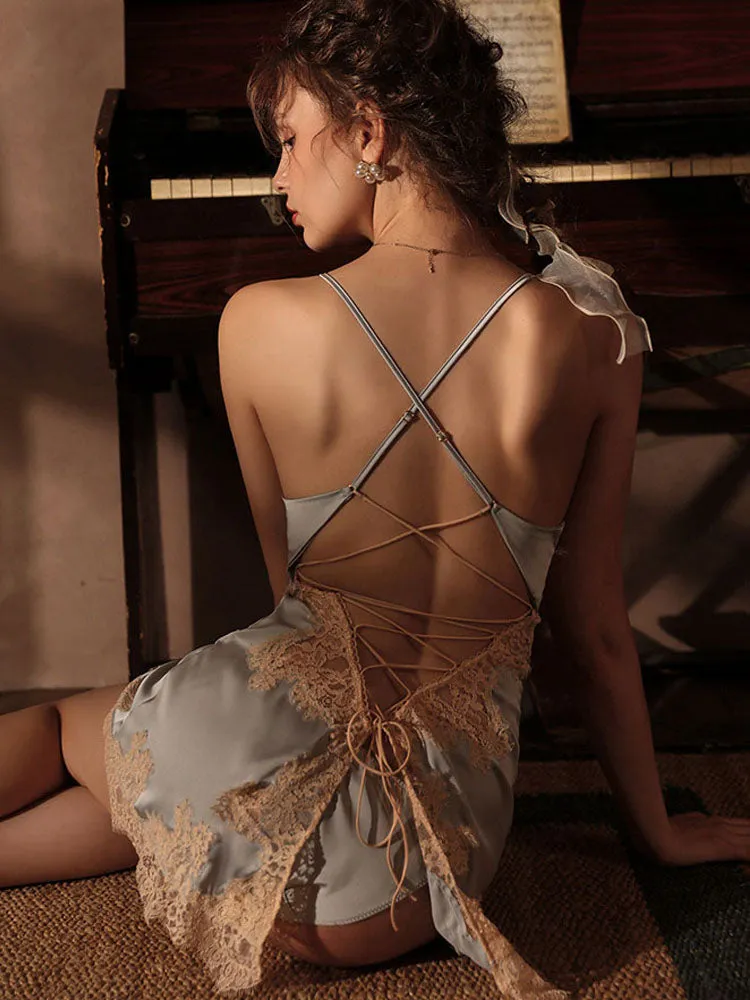 2-Piece Set Sexy V-Neck Satin Silk Lace Sleep Dress/ Camisole with G-String