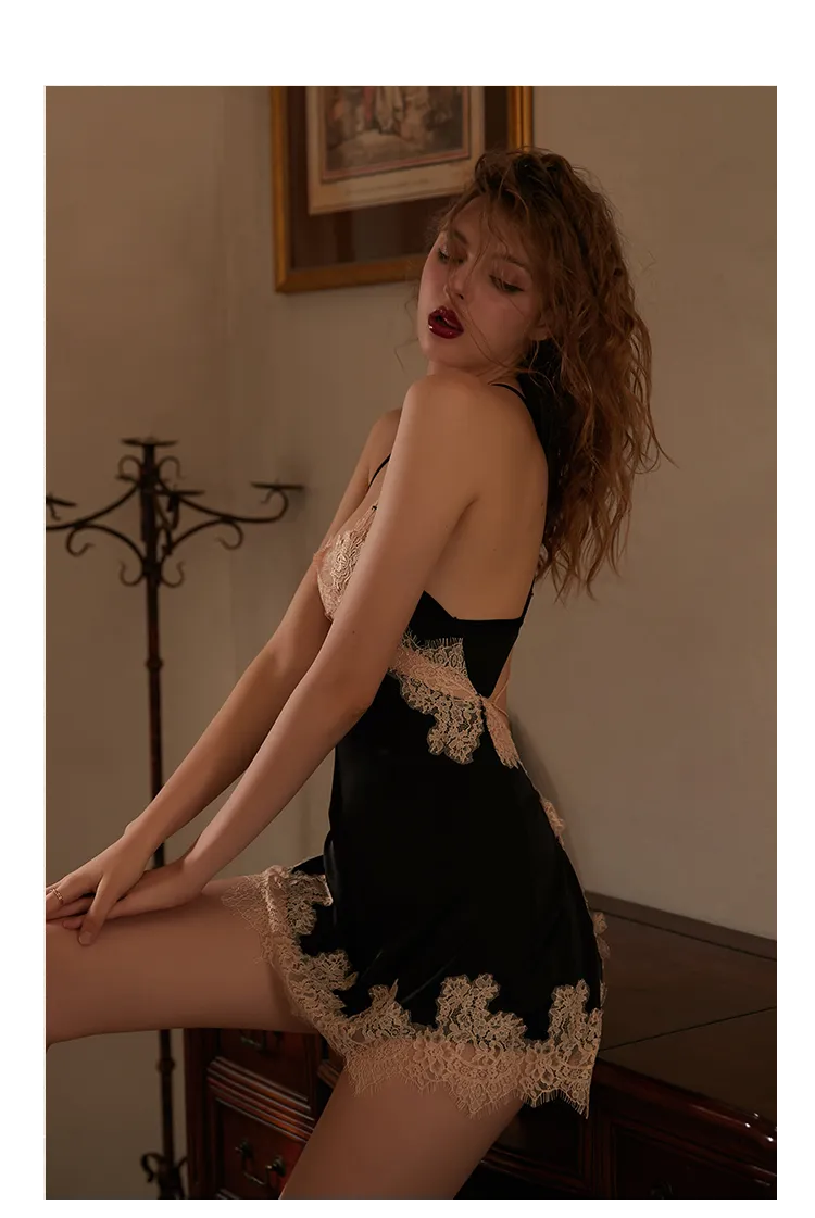 2-Piece Set Sexy V-Neck Satin Silk Lace Sleep Dress/ Camisole with G-String