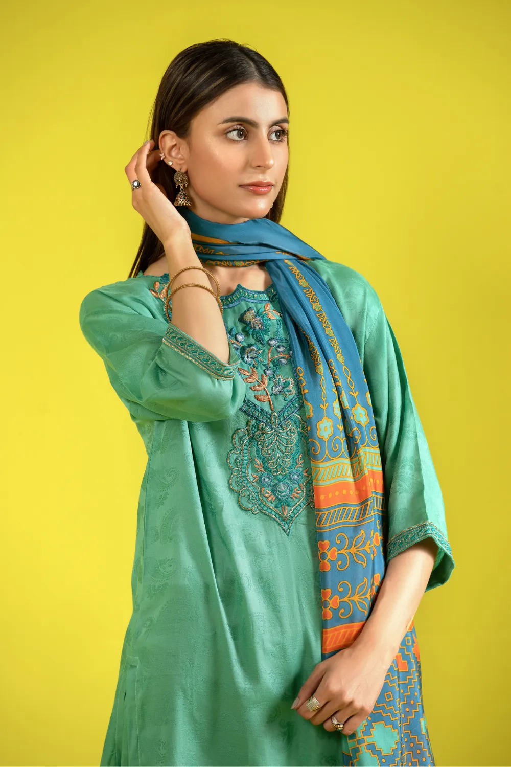 3 PC Unstitched | Jacquard Embroidered Shirt   Silk Dupatta   Lawn Trouser