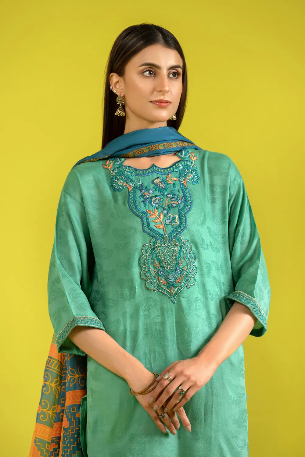 3 PC Unstitched | Jacquard Embroidered Shirt   Silk Dupatta   Lawn Trouser
