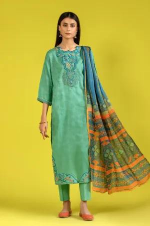3 PC Unstitched | Jacquard Embroidered Shirt   Silk Dupatta   Lawn Trouser
