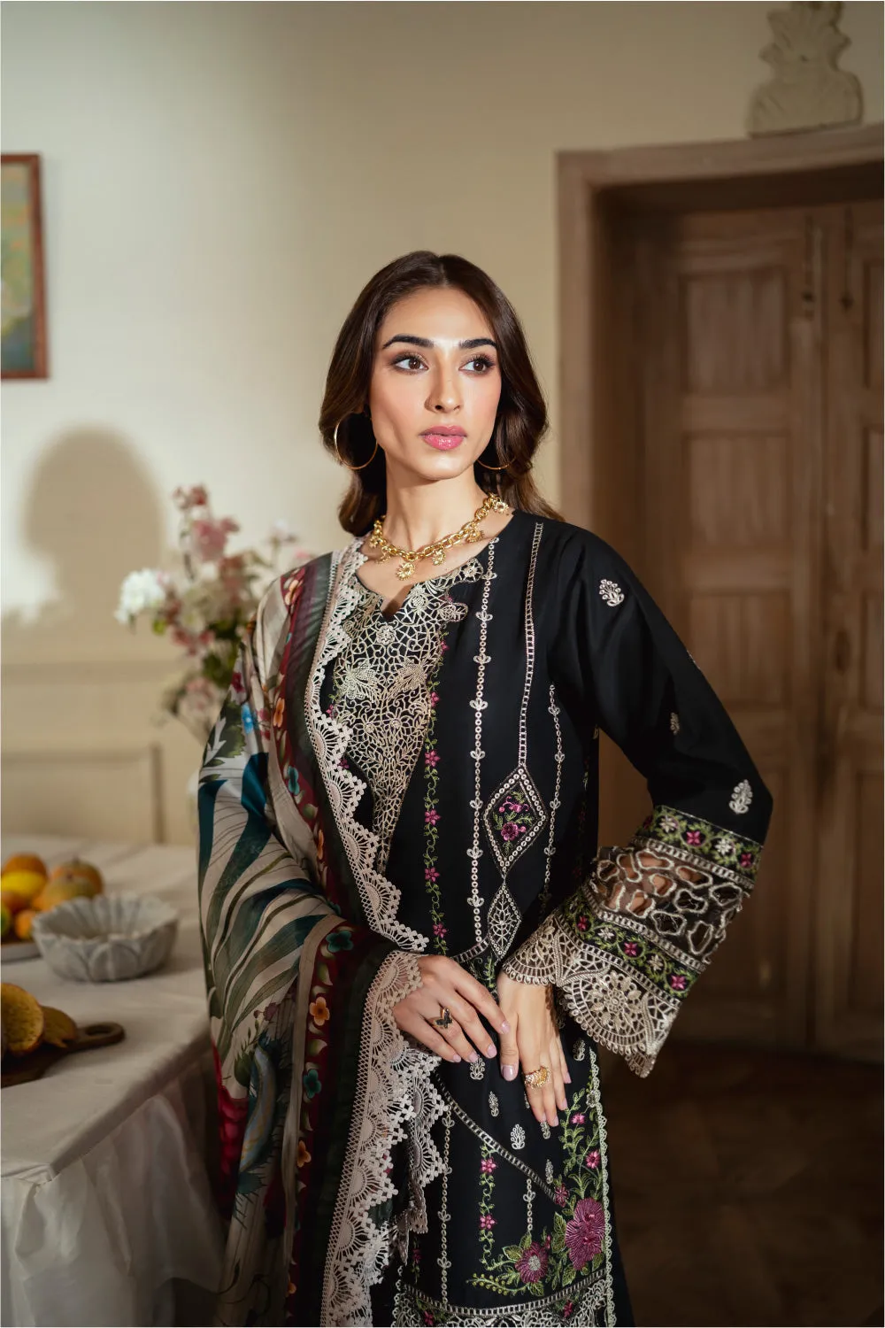 3PC Unstitched | Embroidered Lawn Suit | Silk Dupatta