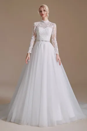 A-Line Lace Appliques Long Sleeve Tulle Chapel Train Wedding Dresses