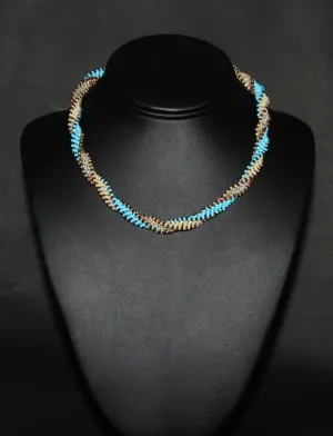 African Bead Spiral Twist Necklace Blue White Brown Colors