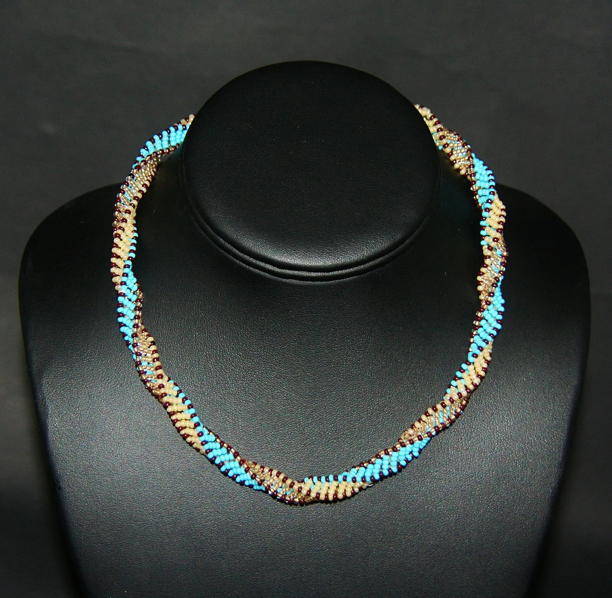 African Bead Spiral Twist Necklace Blue White Brown Colors