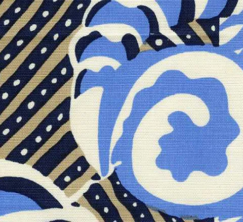 Alan Campbell Fabric: Ferns - Blues Beiges on White Linen / Cotton