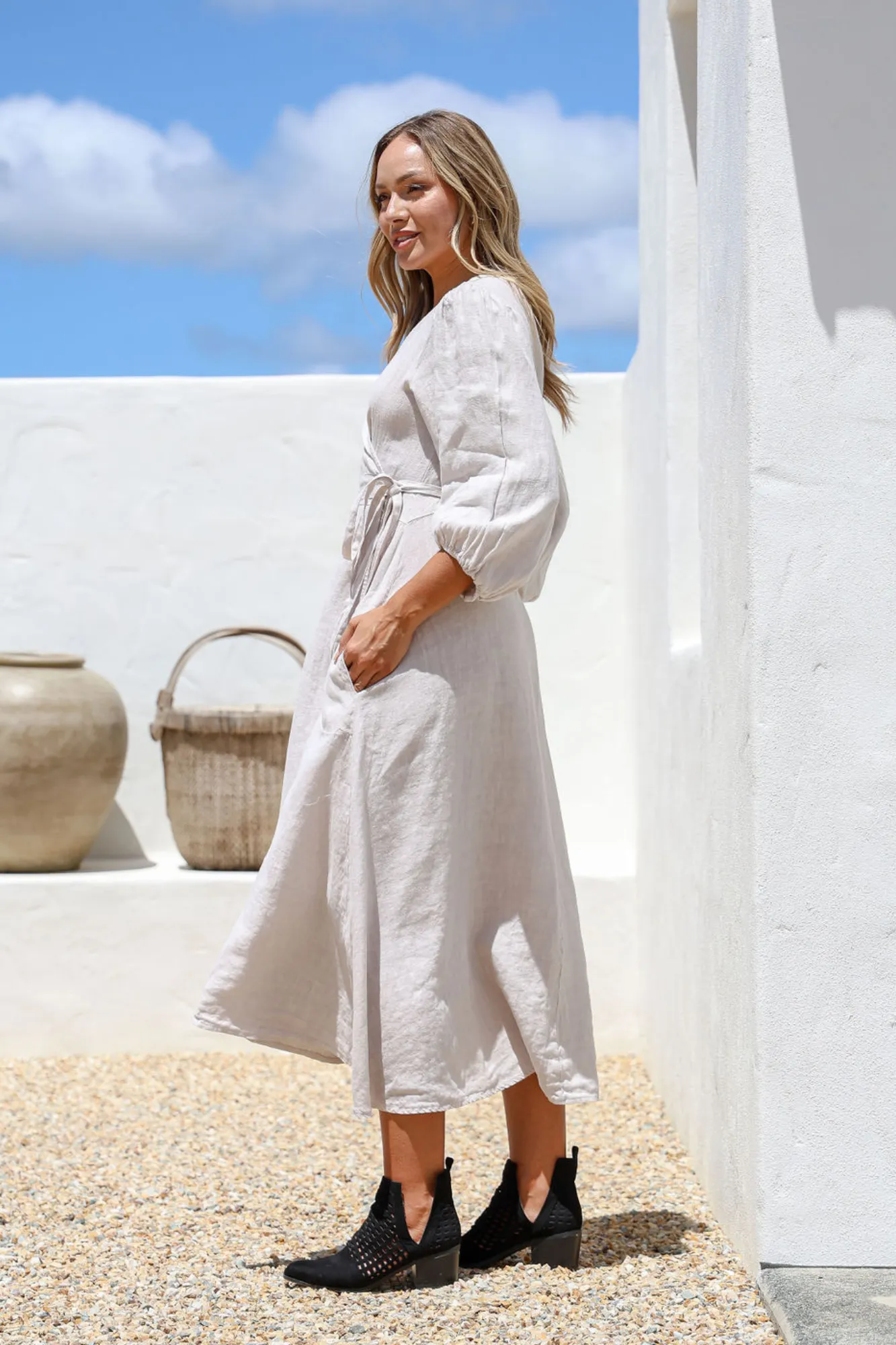 'Ali' Linen Dress - Black/ Natural