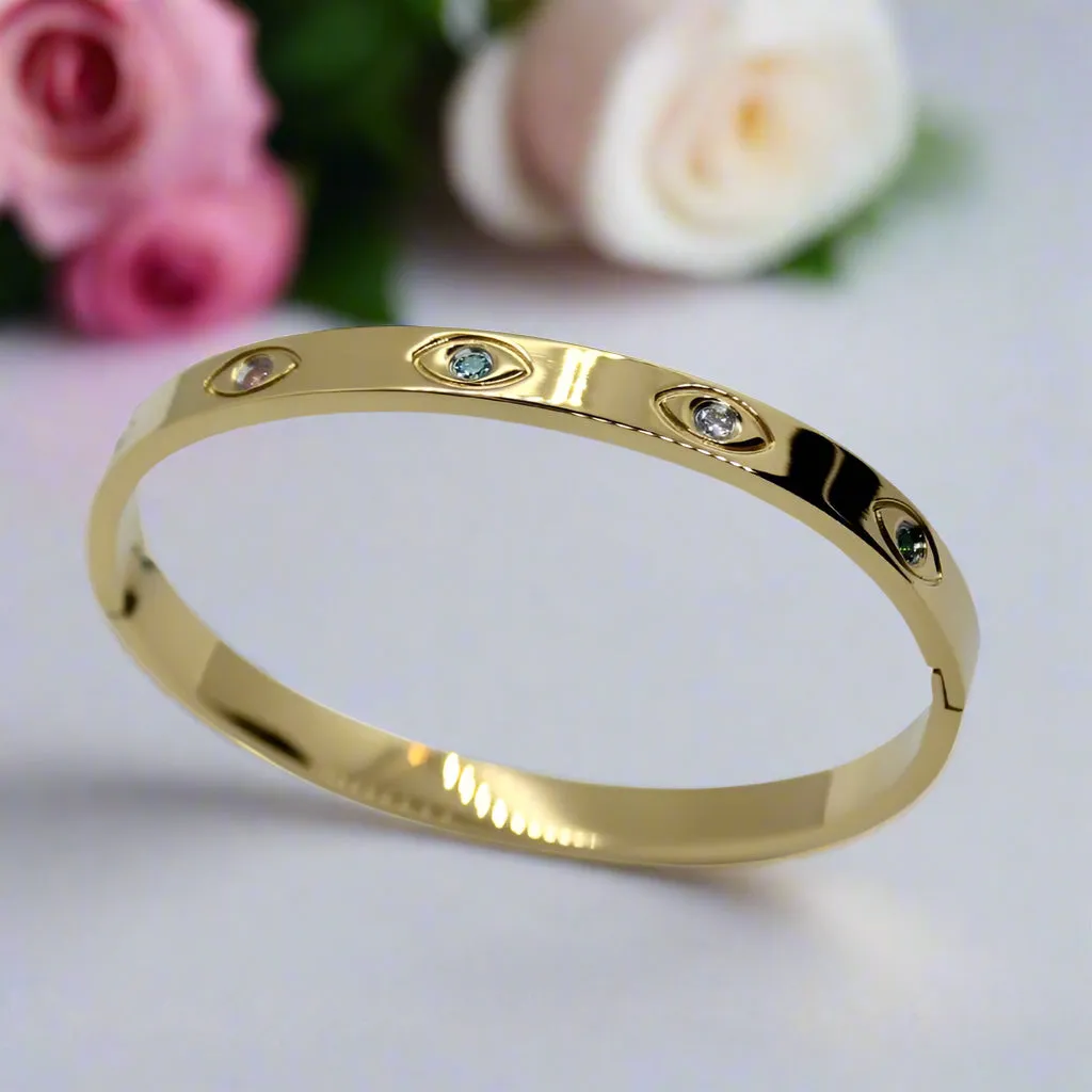 All-Seeing Eye Stainless Steel Bangle with Multi-color Stones