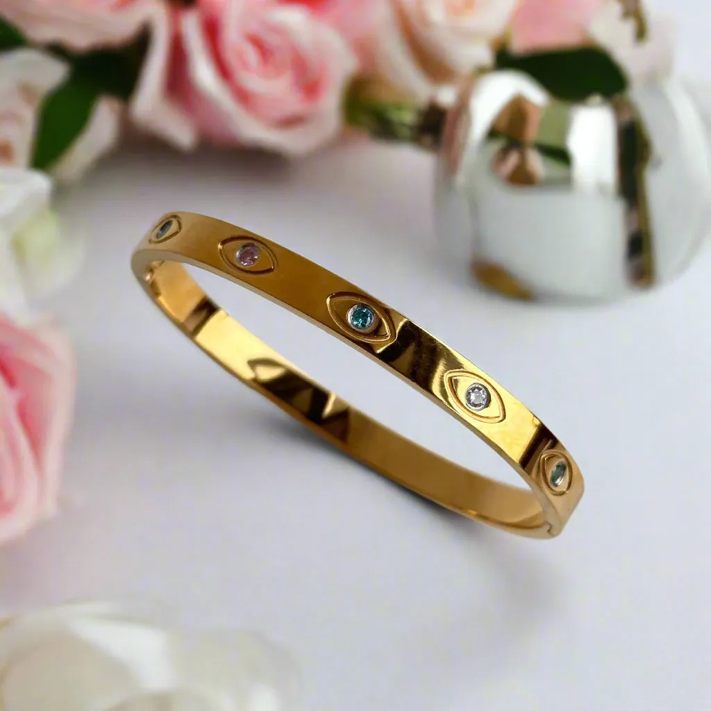 All-Seeing Eye Stainless Steel Bangle with Multi-color Stones