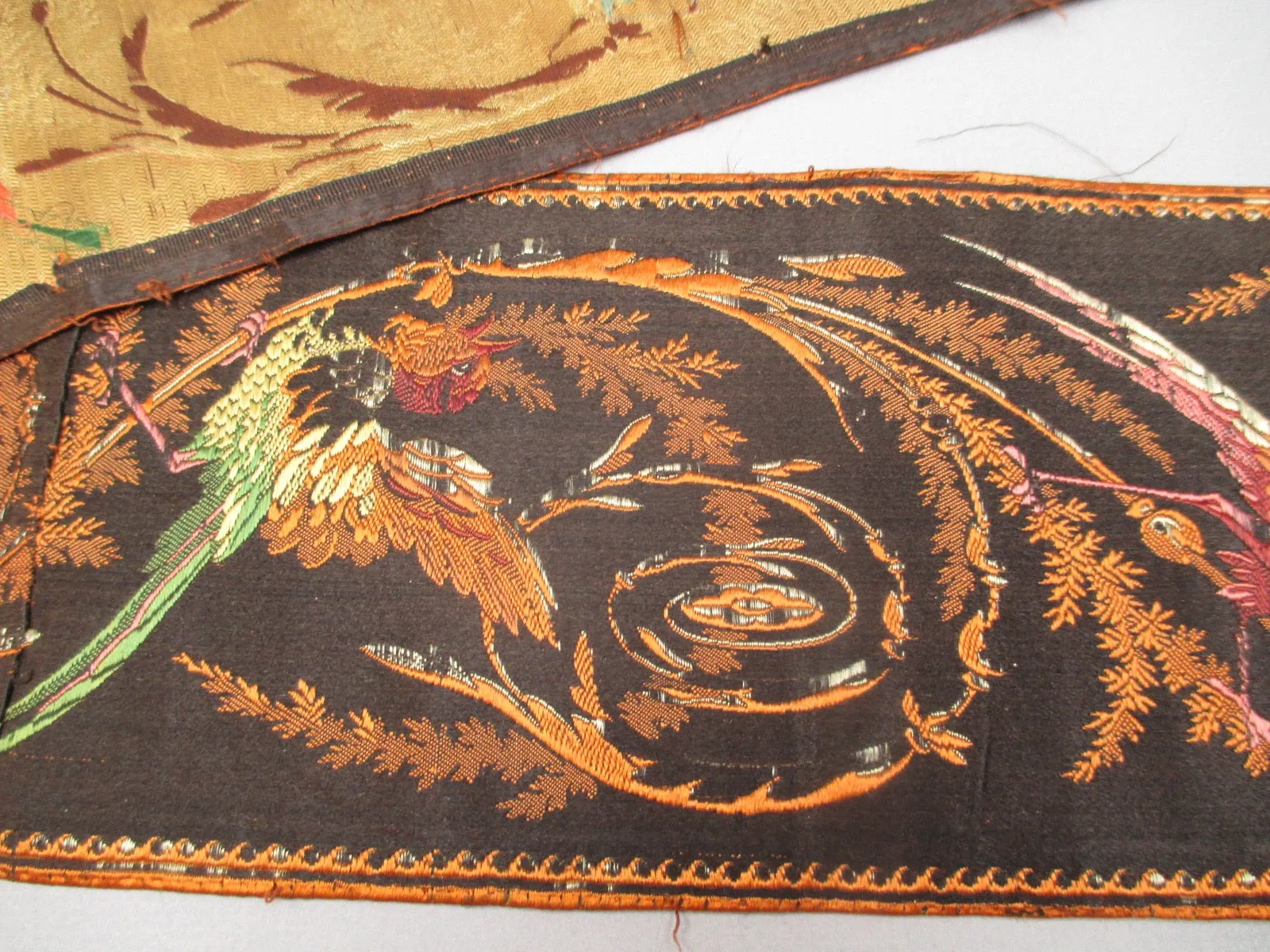 Antique Victorian Embroidered silk trim Bird of Paradise Motif 4 pc