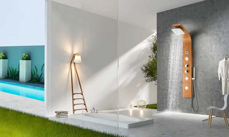 Anzzi CRANE Series 60 in. Full Body Shower Panel System with Heavy Rain Shower and Spray Wand in Natural Bamboo