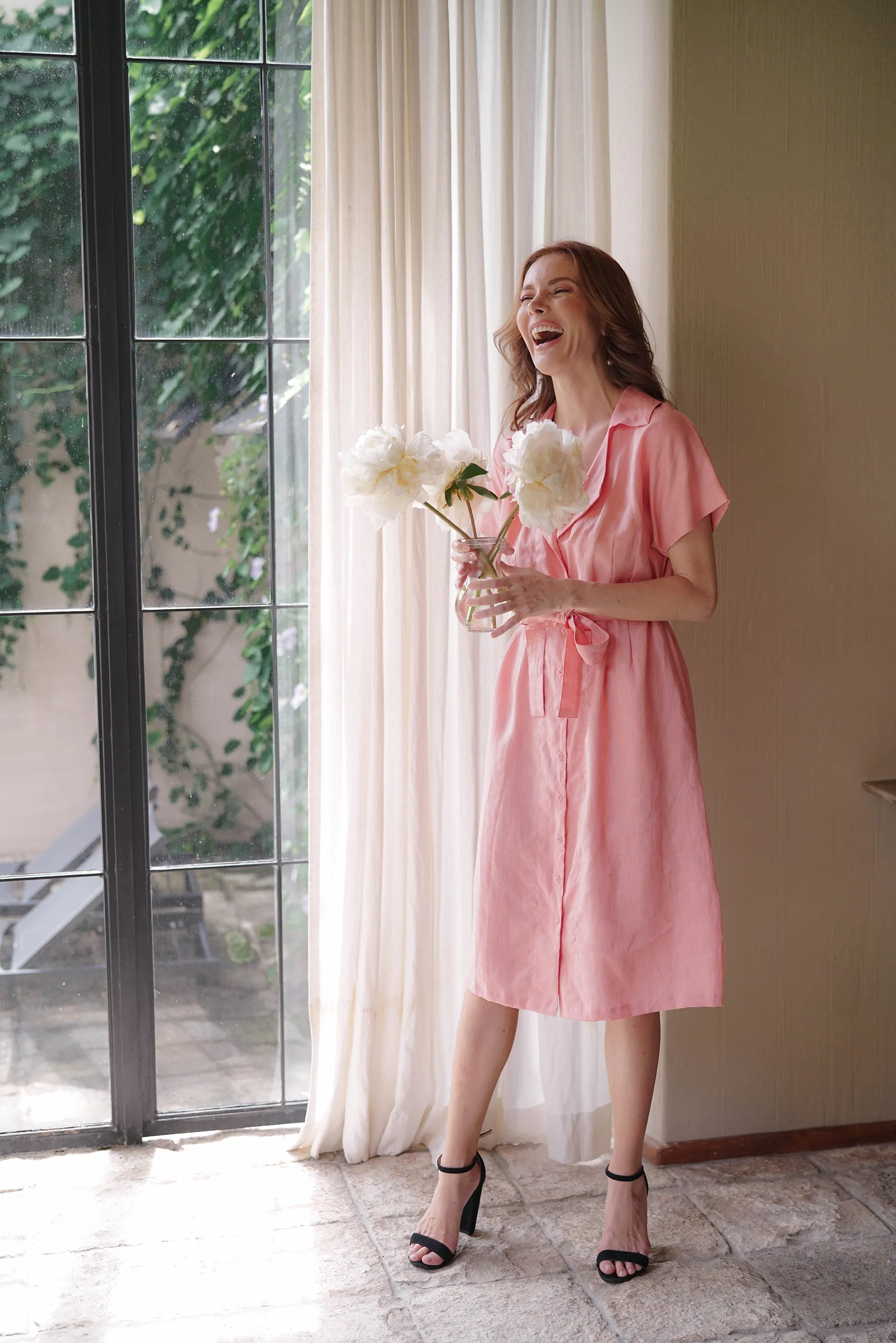 Arya Safari Linen Midi Dress in Salmon Pink