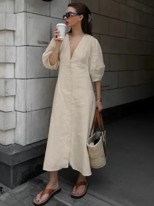 Autumn/Winter Cotton-Linen V-Neck Puff Sleeve Backless Dress with Thin Straps.W-240802-2