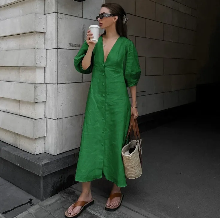 Autumn/Winter Cotton-Linen V-Neck Puff Sleeve Backless Dress with Thin Straps.W-240802-2