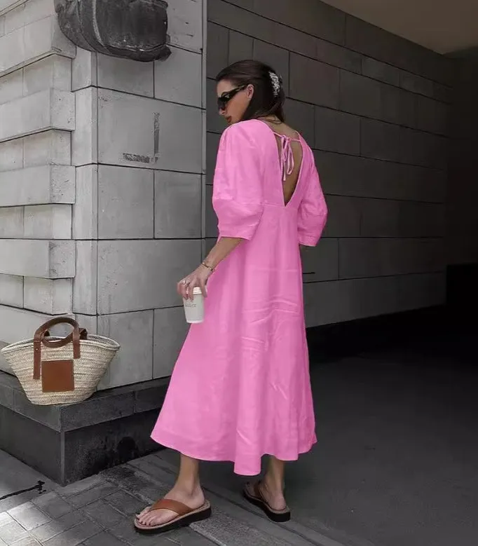 Autumn/Winter Cotton-Linen V-Neck Puff Sleeve Backless Dress with Thin Straps.W-240802-2