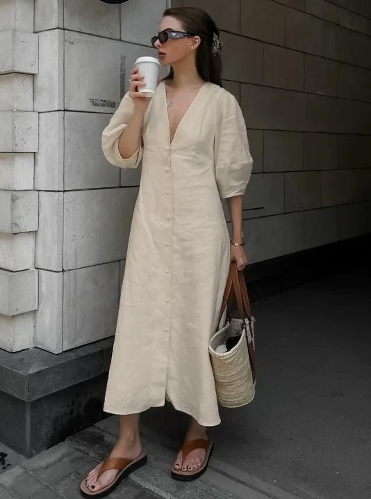 Autumn/Winter Cotton-Linen V-Neck Puff Sleeve Backless Dress with Thin Straps.W-240802-2