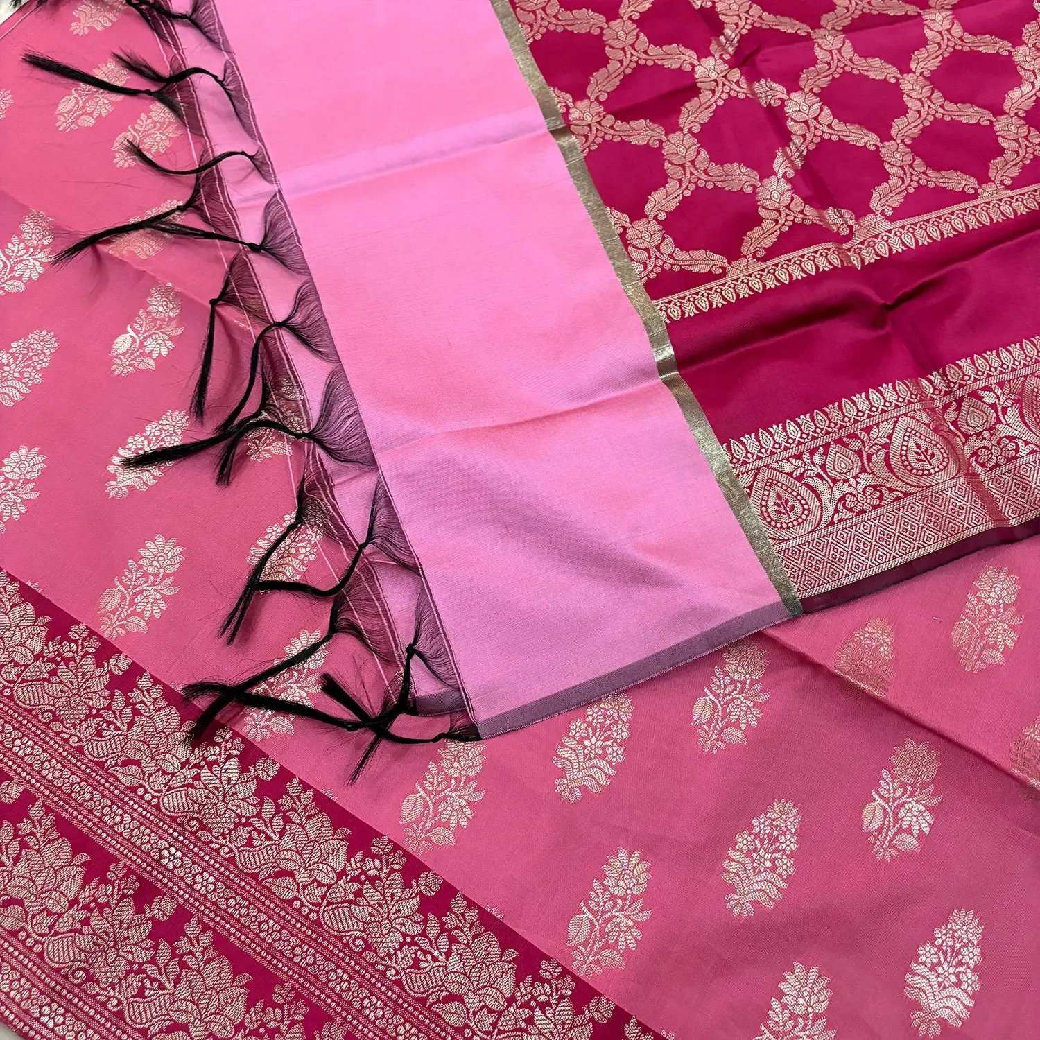 Baby Pink and Pink Phooldaan Buti Satin Silk Banarasi Suit