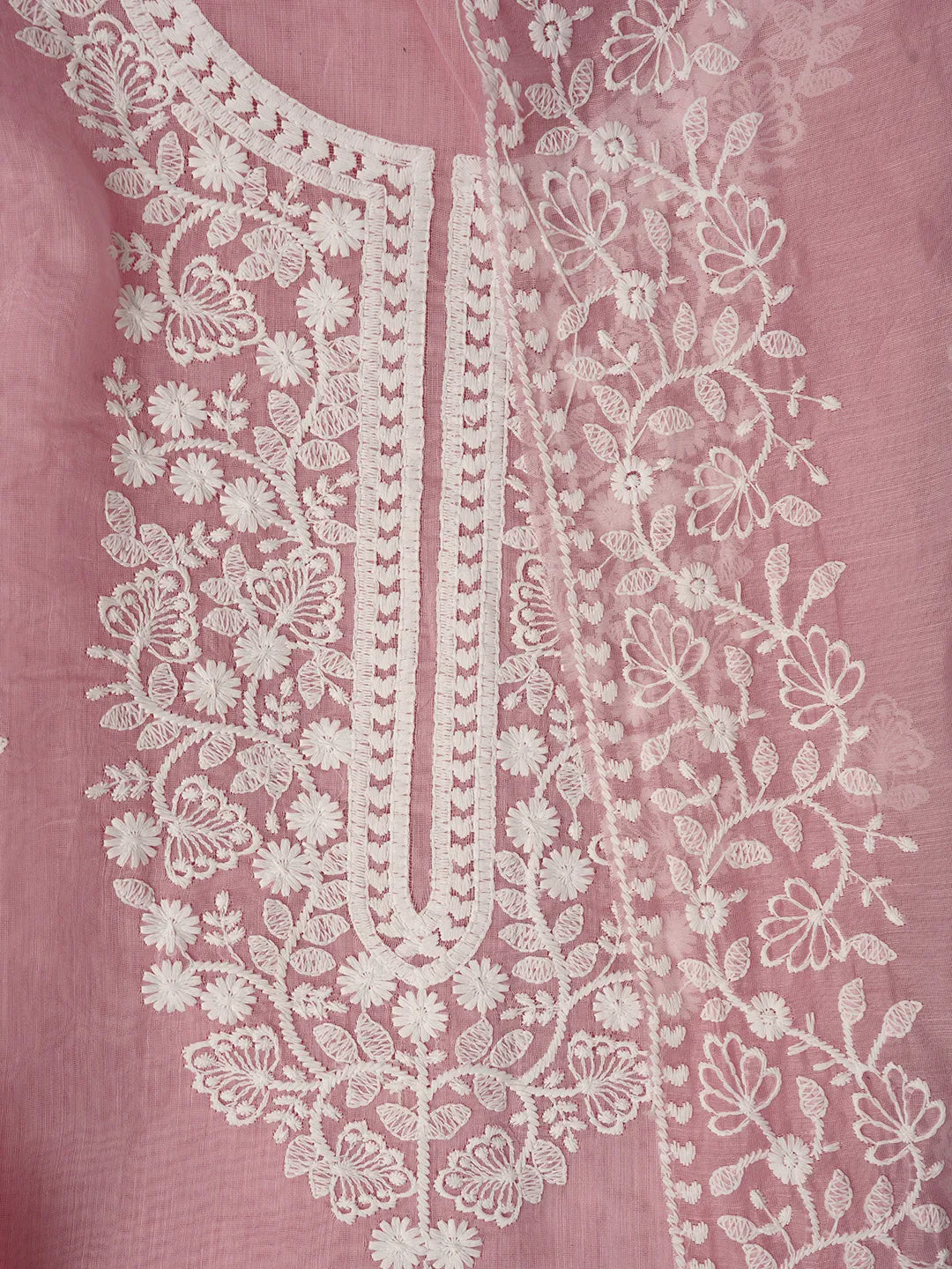 Baby Pink Unstitched Embroidered Cotton Blend Dress Material With Dupatta