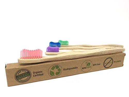 Bamboo Toothbrush, Eco Friendly & Natural, Soft Bristle Tooth brush, BPA Free, Wooden Toothbrushes, Zero Waste Products, Organic, Vegan, Non Plastic, Environmental (Adult 4 Pack)