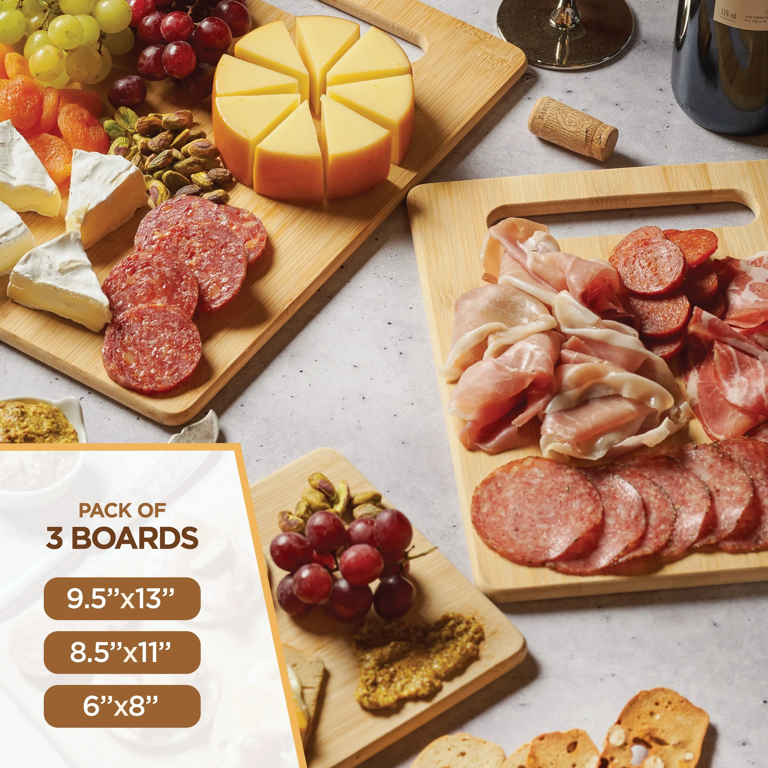 Bambusi Cutting Board Set, 3-Piece Chopping & Serving Tray