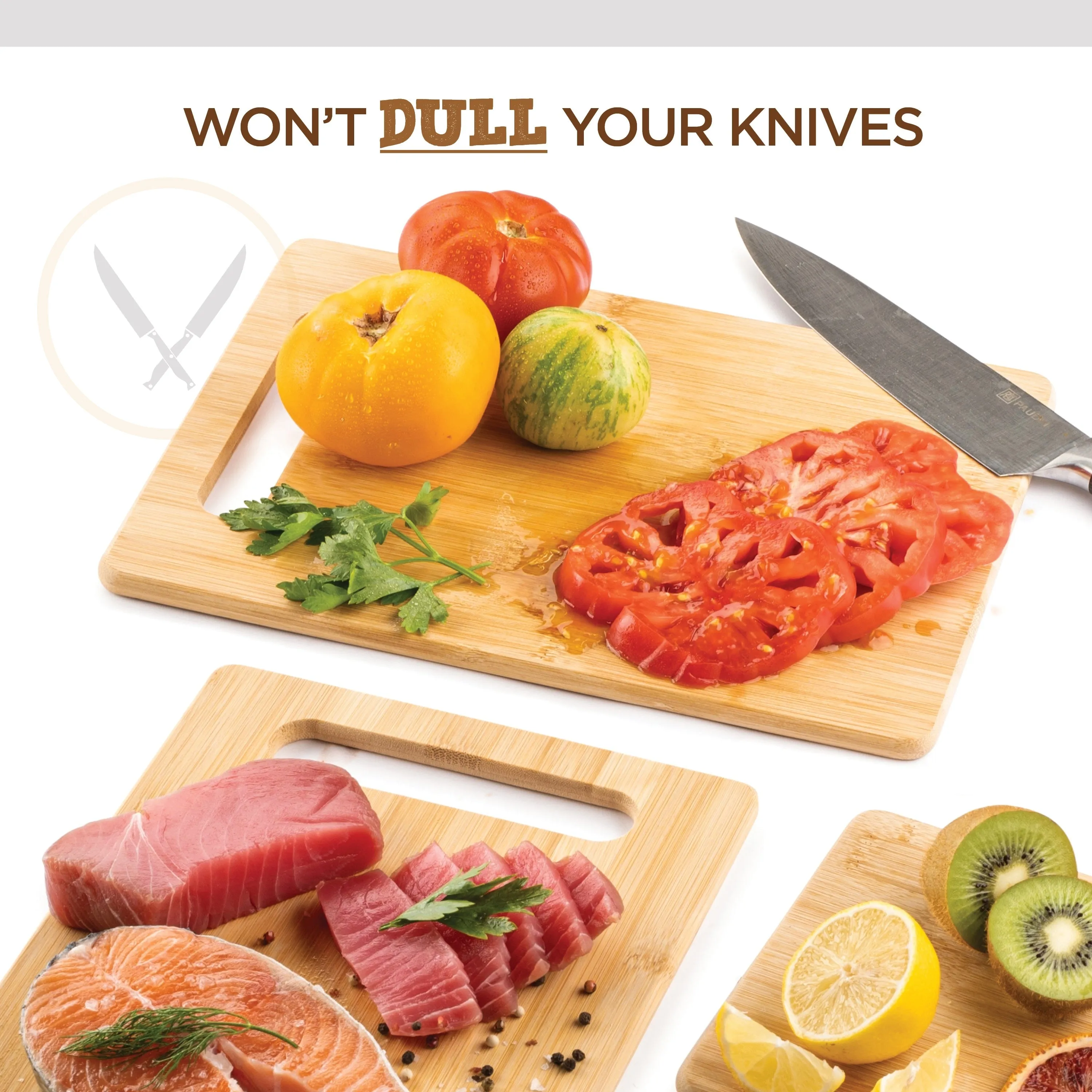 Bambusi Cutting Board Set, 3-Piece Chopping & Serving Tray