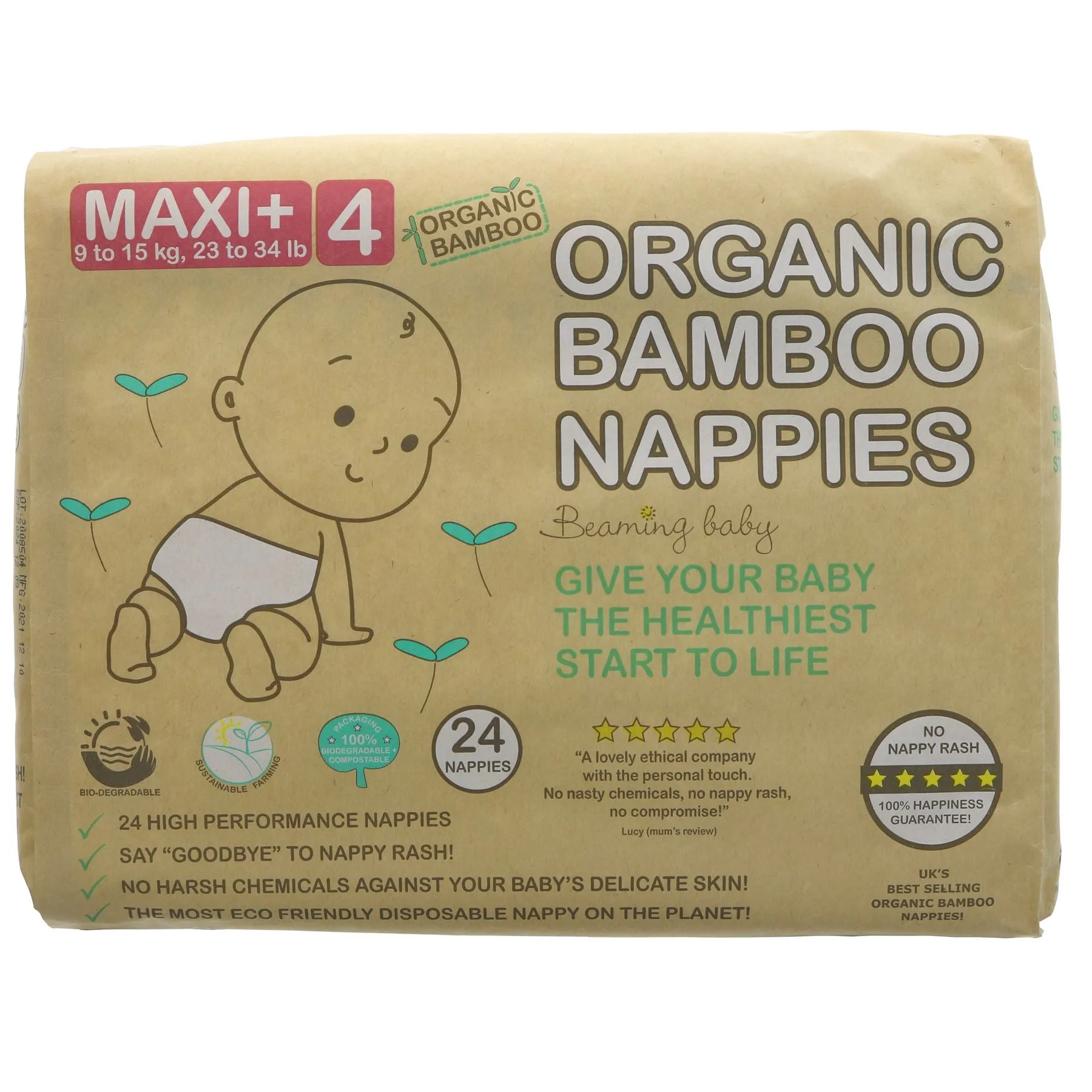 Beaming Baby | Organic Bamboo Nappies Size 4 - 9-15kg, 24 pcs/bag | 24