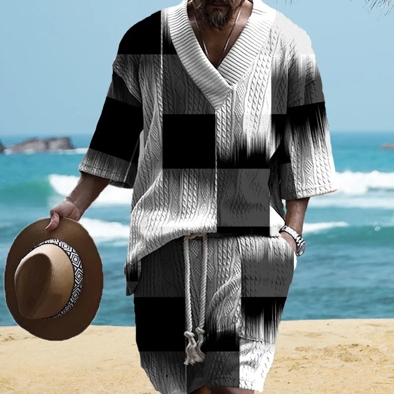Black And White Plaid Patchwork Printed Short-Sleeved Two-Piece Set