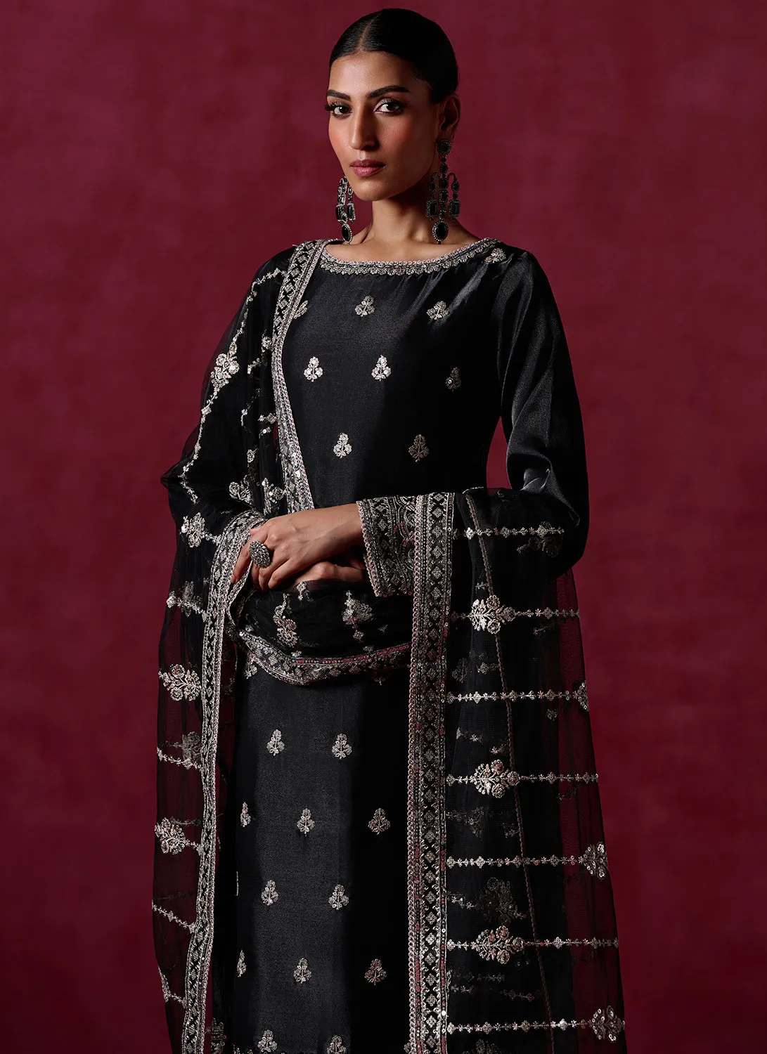 Black Embroidered Silk Straight Suit