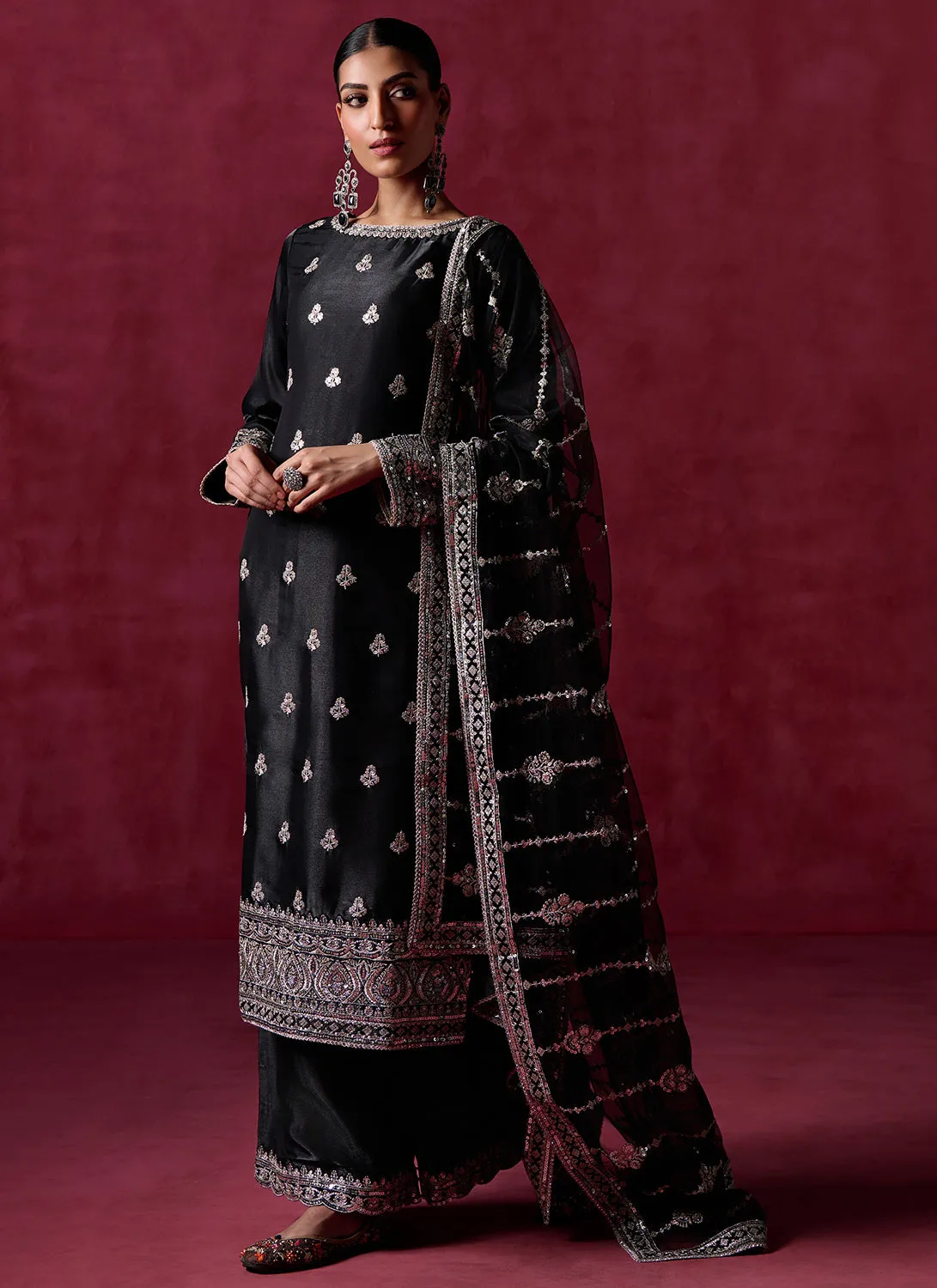 Black Embroidered Silk Straight Suit