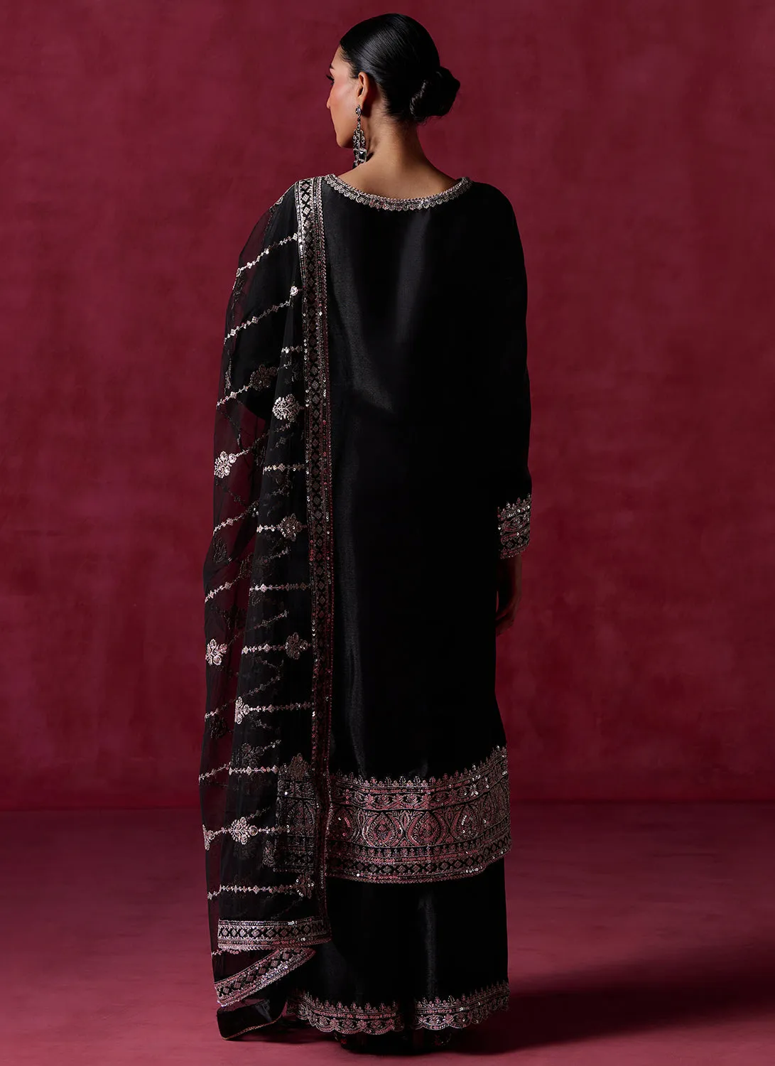 Black Embroidered Silk Straight Suit