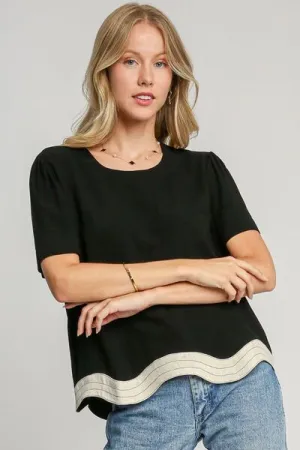 Black Linen Blend Scalloped Hem Top