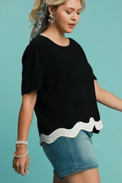 Black Linen Blend Scalloped Hem Top