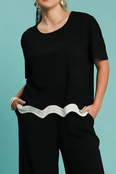 Black Linen Blend Scalloped Hem Top
