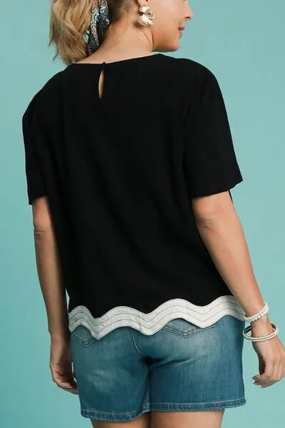 Black Linen Blend Scalloped Hem Top