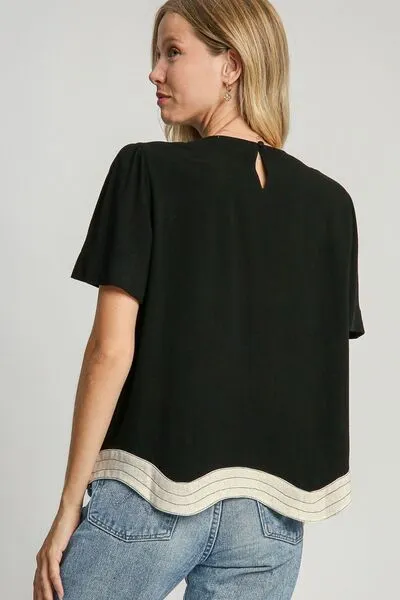 Black Linen Blend Scalloped Hem Top