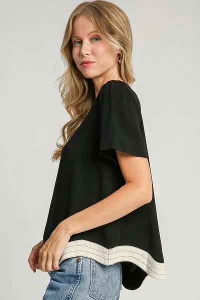 Black Linen Blend Scalloped Hem Top