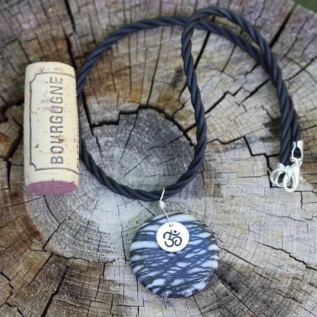 Black silk agate stone pendant necklace with sterling Om charm