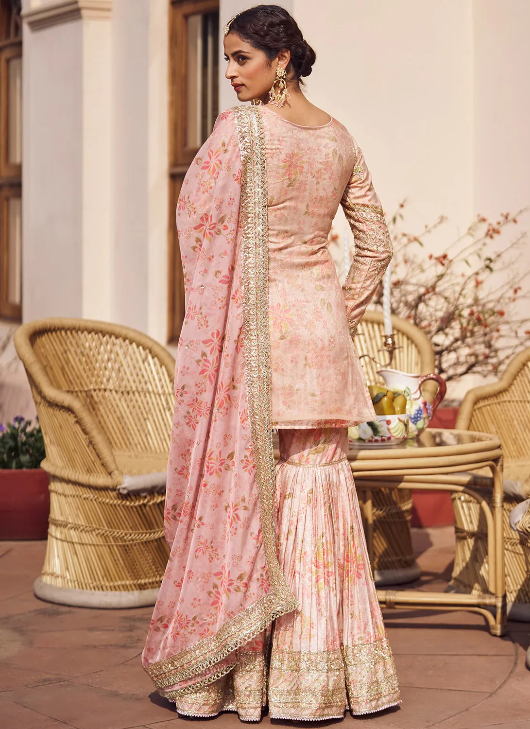 Blush Peach Floral Embroidered Gharara Suit