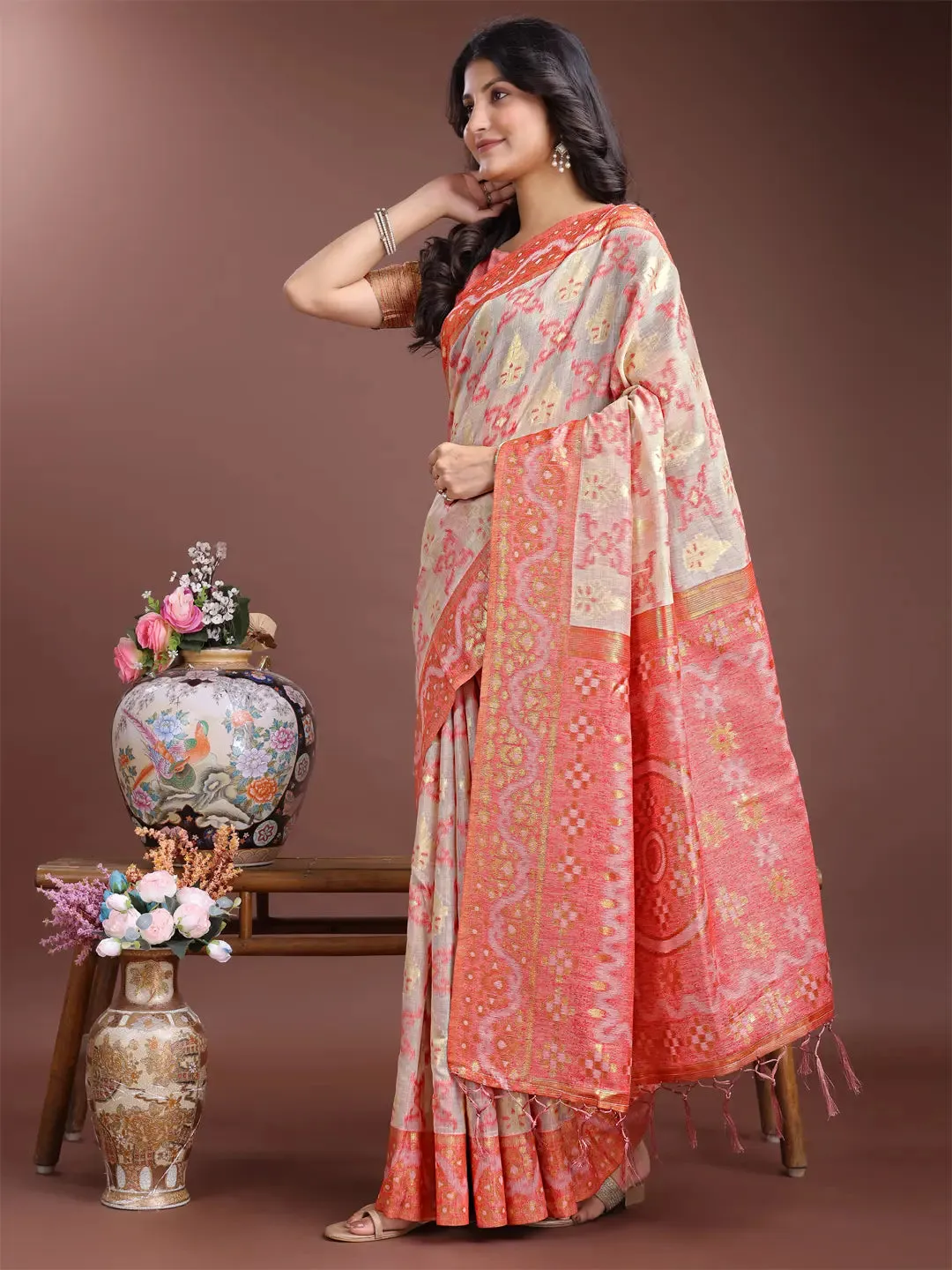 Brown Linen Cotton Saree