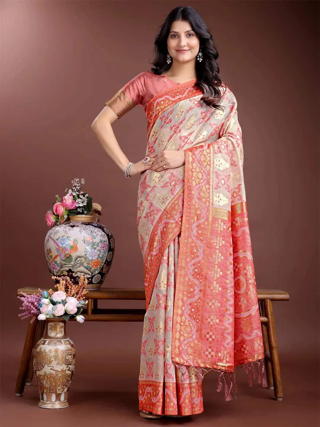 Brown Linen Cotton Saree