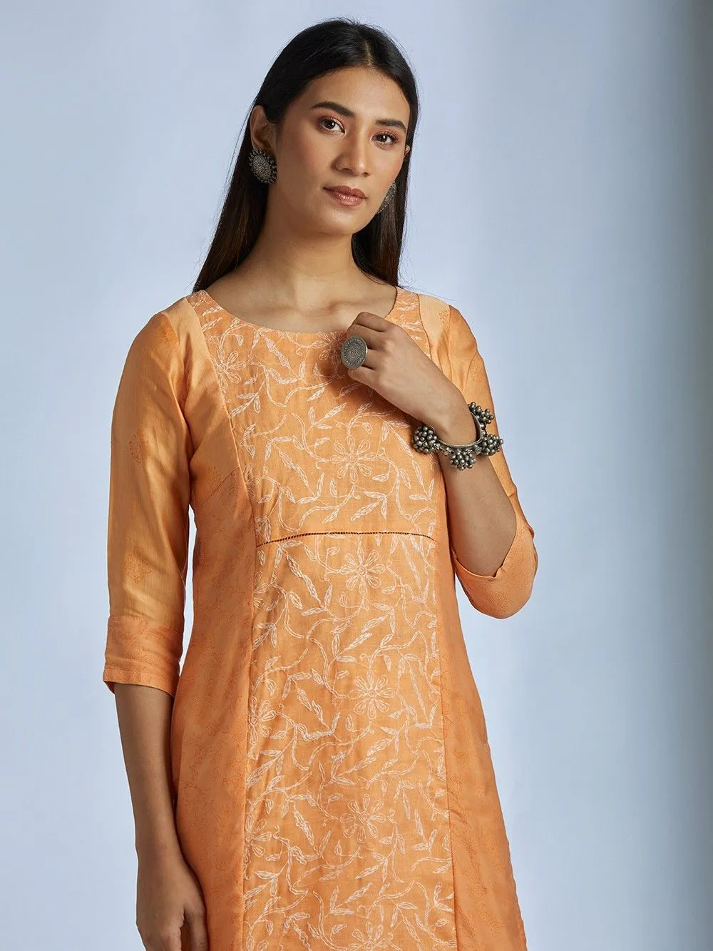 BURNT ORNAGE KURTA WITH CHIKAN WORK DETAILING
