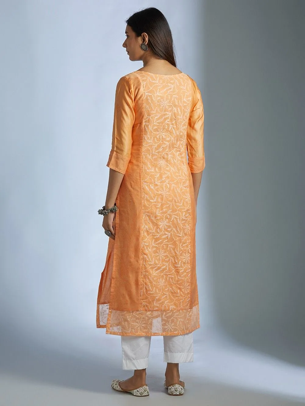 BURNT ORNAGE KURTA WITH CHIKAN WORK DETAILING