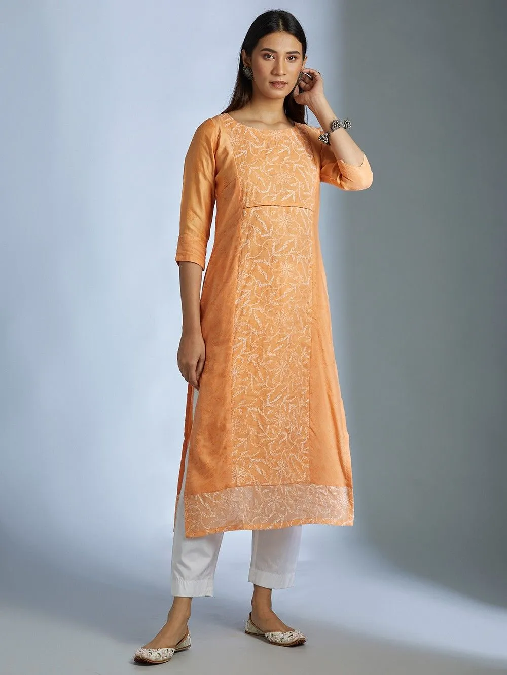 BURNT ORNAGE KURTA WITH CHIKAN WORK DETAILING