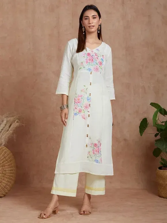 Buttercup Handwoven Linen Kurta With Print And Cotton Pants