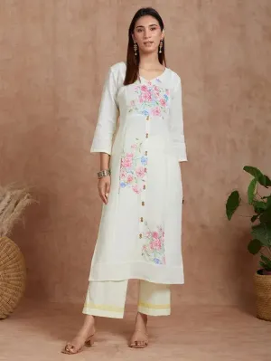 Buttercup Handwoven Linen Kurta With Print And Cotton Pants