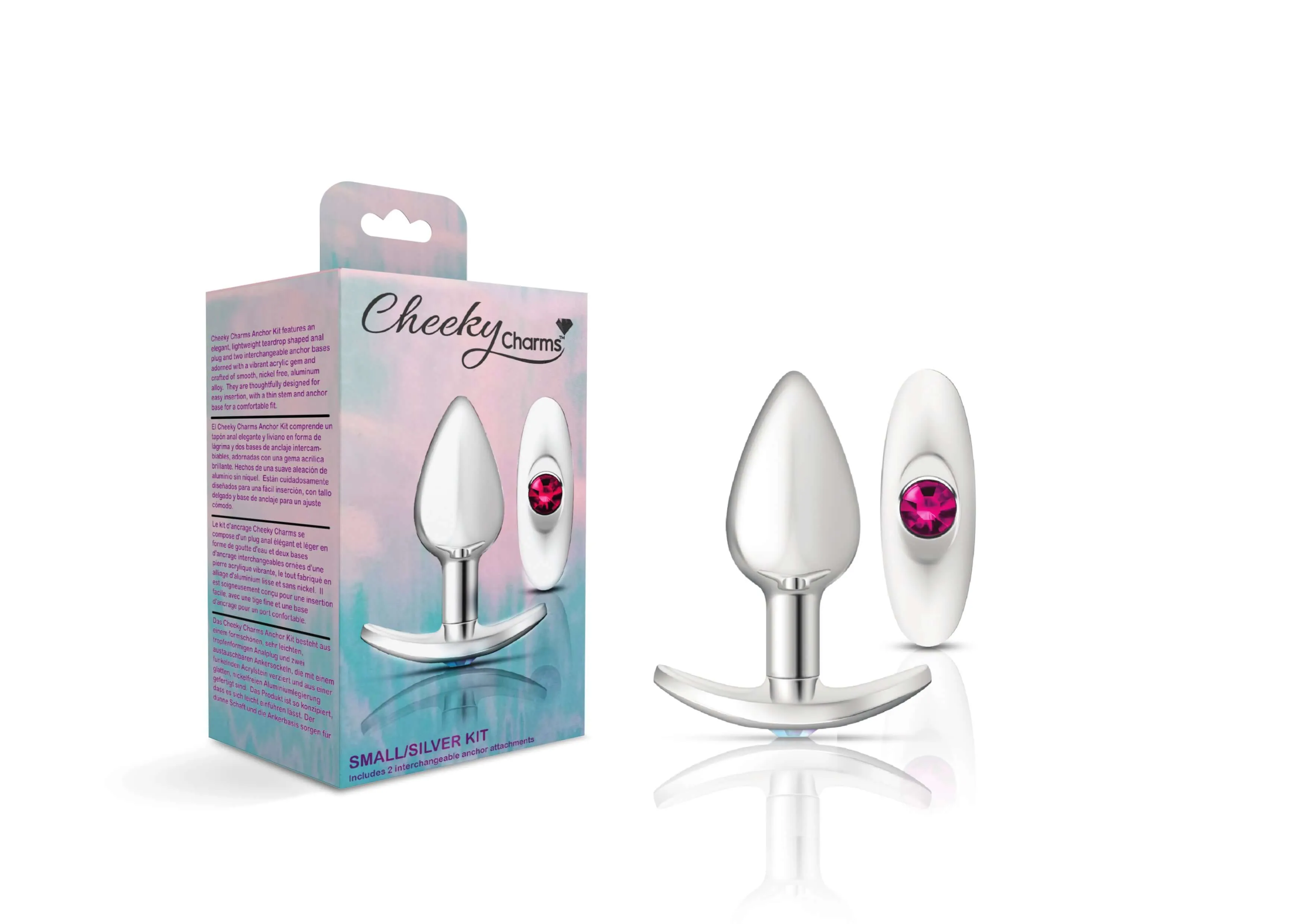 Cheeky Charms - Silver Metal Butt Plug Kit - Clear/ Bright Pink