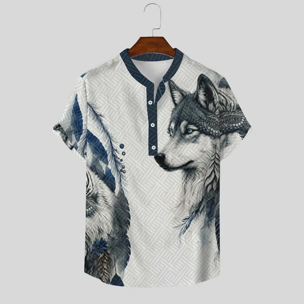 Comfortable Cotton And Linen Stand-Up Collar Half-Lapel Short-Sleeved Shirt 2405000685