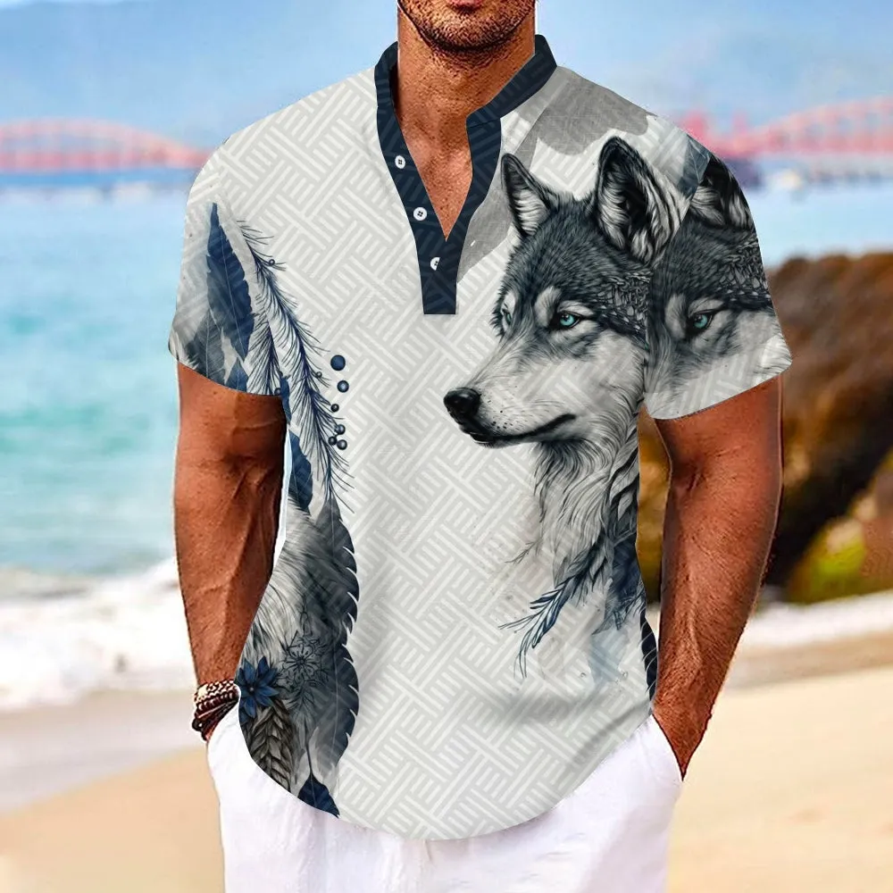 Comfortable Cotton And Linen Stand-Up Collar Half-Lapel Short-Sleeved Shirt 2405000685